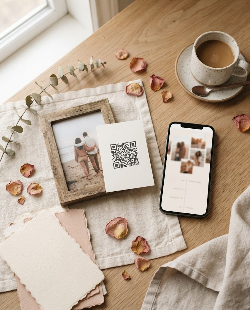 Detalle romántico de pareja en tonos pastel cálidos: marco de fotos y teléfono mostrando su web